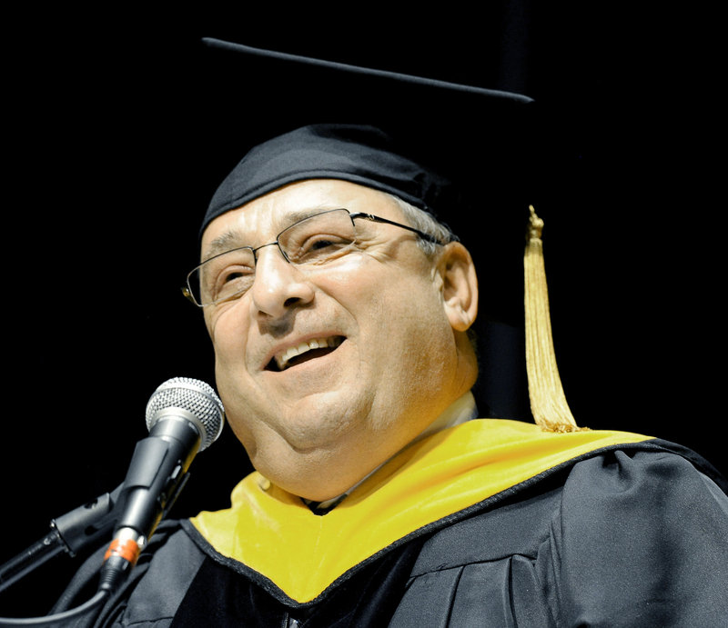 Gov. Paul LePage addresses Kaplan University graduates in Portland on Saturday.