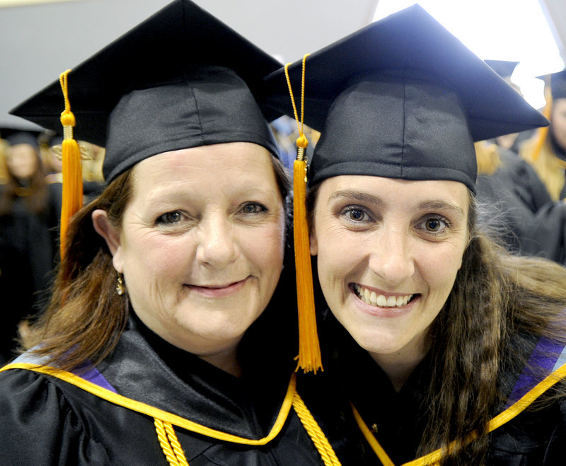 Mother and daughter graduates Patti Libby of Windham and Brandy Adams of Yarmouth received associate degrees during the Kaplan University commencement in Portland.