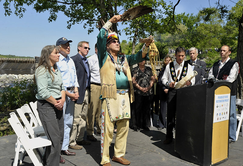 Removal of the dam started with a ceremony led by Butch Phillips of the Penobscot Indian Nation, who did smudging to bring everyone into the same frame of mind.