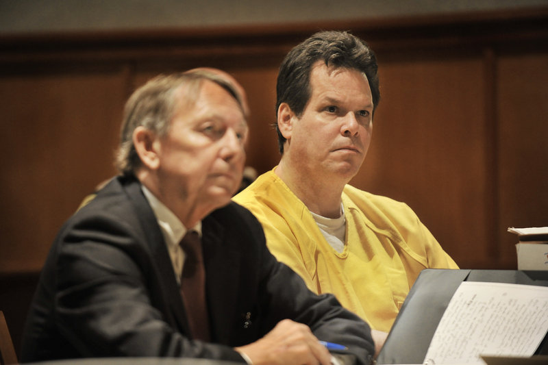 Dennis Dechaine, convicted of the 1988 murder of 12-year-old Sarah Cherry, is shown with defense attorney Steven Peterson at a previous hearing.