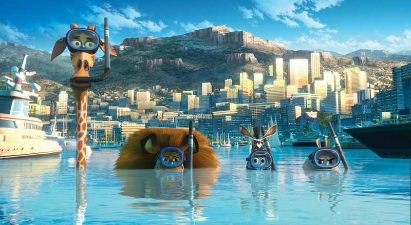 From left, Melman the giraffe (David Schwimmer), Alex the lion (Ben Stiller), Marty the zebra (Chris Rock) and Gloria the hippo (Jada Pinkett Smith) go undercover in Monaco on a search for the penguins in “Madagascar 3: Europe’s Most Wanted.” The animated sequel is running low on new ideas – but it’s funny.