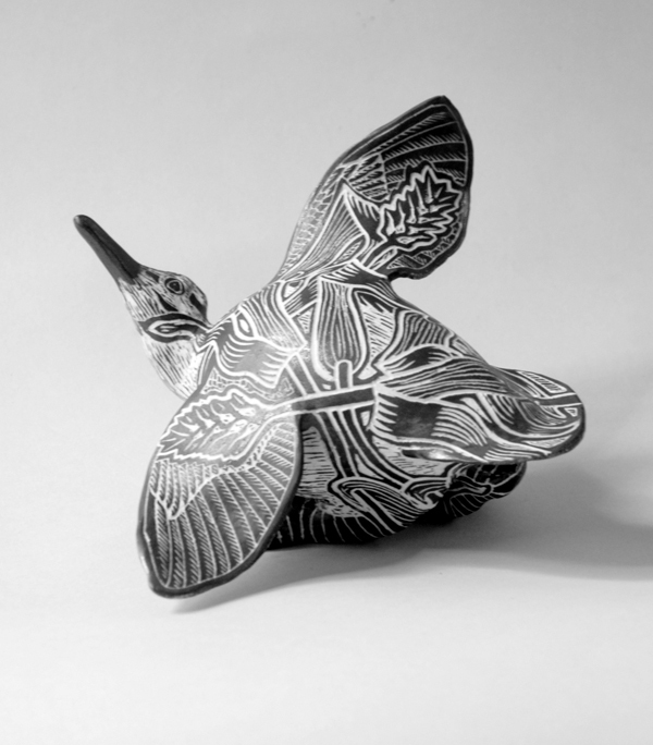 “Animals,” Tim Christensen’s show of drawings on porcelain, including “Fledgling Woodcock,” runs through July 28 at Gleason Fine Art in Portland.