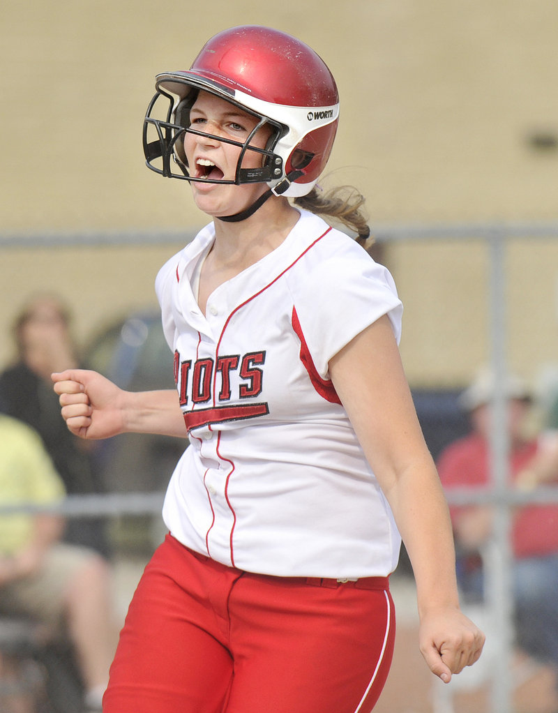 Danica Gleason of South Portland reacts after scoring the go-ahead run on a wild pitch. The Red Riots, after handing Scarborough its only loss, will meet undefeated Cony for the state title at 3 p.m. Saturday.