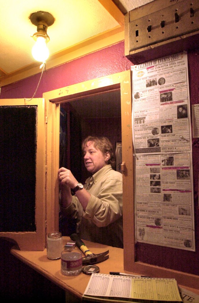 Opera House Arts executive director Linda Nelson in the ticket booth before a 2003 production. (Maine Sunday Telegram File Photo)
