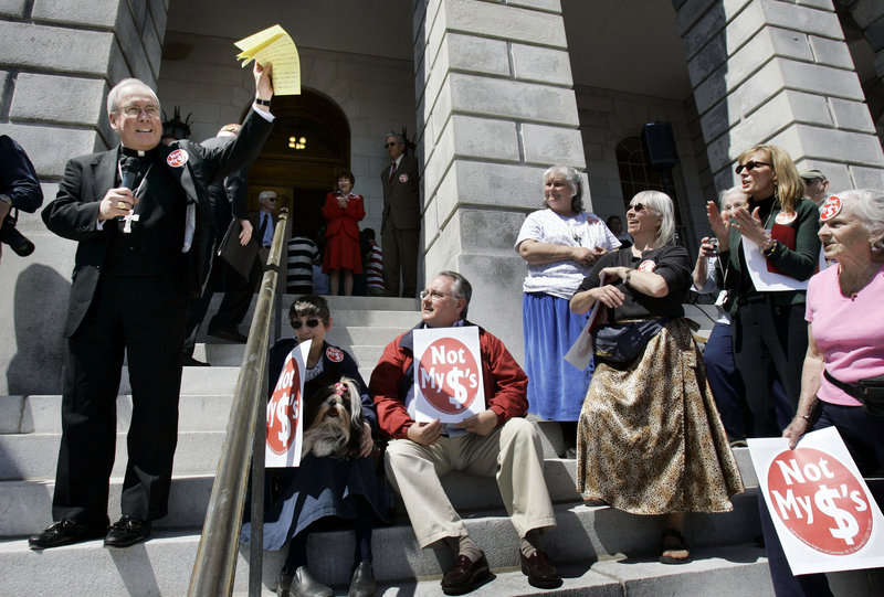 Bishop Richard Malone speaks at an anti-abortion rally on the steps of the State House in Augusta in 2007.