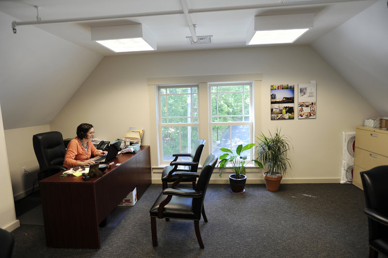 This newly renovated office space at the Mallett House is being used by the Freeport Chamber of Commerce. Marvin triple-glazed windows help maintain the historic look.