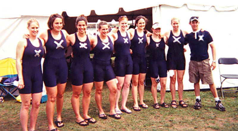 The women’s crew team at Connecticut College put tape over the school insignia on their uniforms in 2000 to protest what they considered unfair treatment. Portland employment law attorney Julia Pitney, then Julia Greenleaf, is fifth from left.