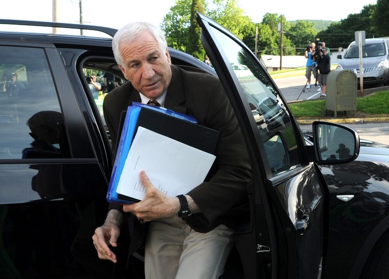 Former Penn State assistant football coach Jerry Sandusky arrives for the fourth day of his criminal trial in Bellefonte, Pa., on Thursday.