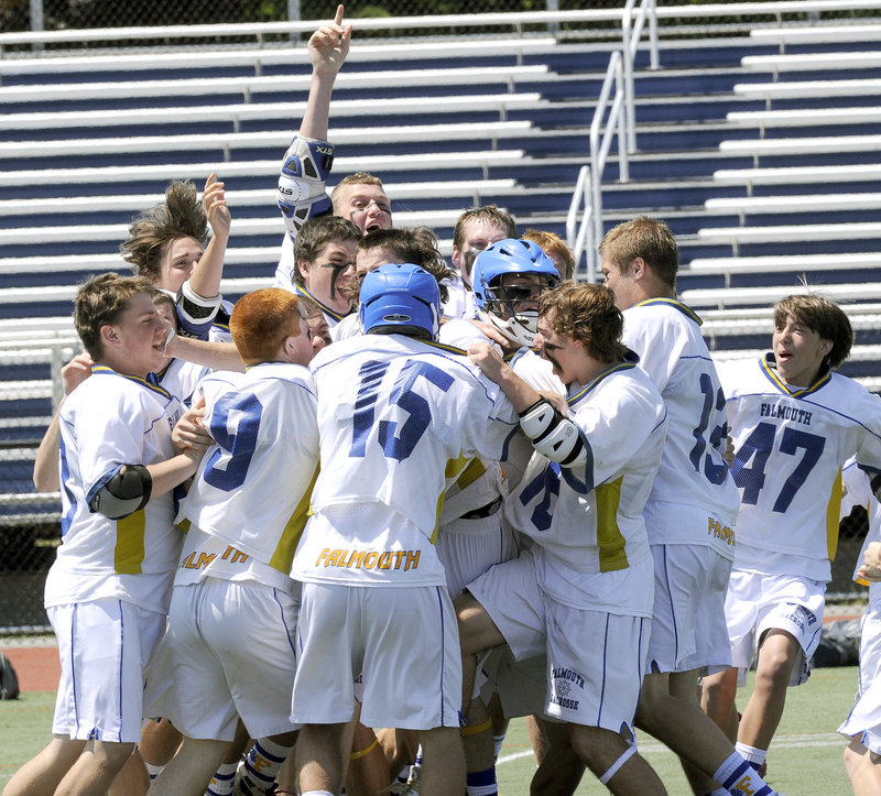 Falmouth began the season as one of the favorites in Class B boys' lacrosse and ended it as the state champion for the second straight year, beating North Yarmouth Academy 7-4 in Saturday's final.