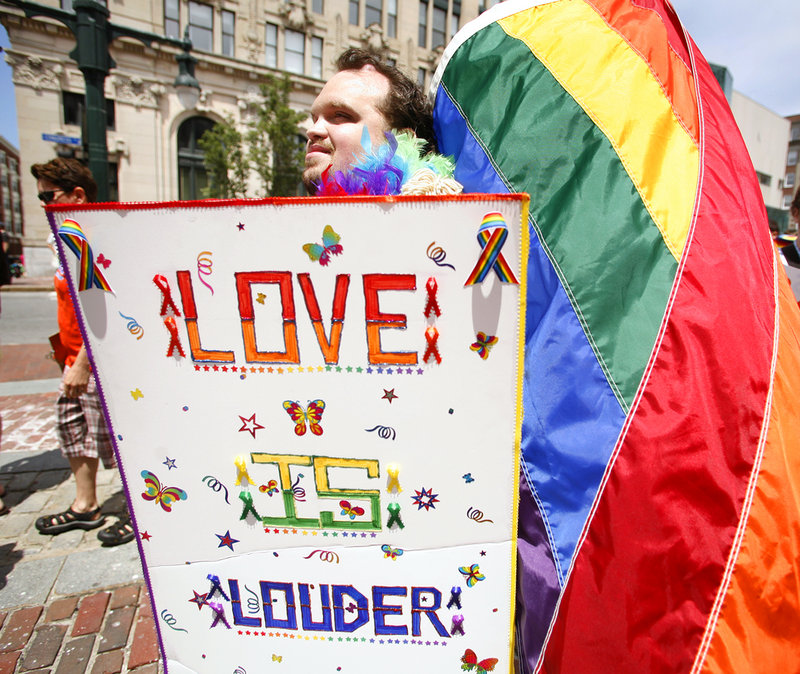 John Paschal of Sanford marches with Mainers United for Marriage during the Southern Maine Pride Parade and Festival on Congress Street in Portland on Saturday.