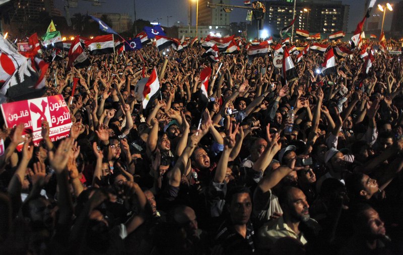 Backers of Egypt’s Muslim Brotherhood gather to demonstrate against the ruling military council Tuesday in Cairo. Hosni Mubarak’s ex-premier said Tuesday that he won the presidential race, challenging the Brotherhood candidate’s claim.
