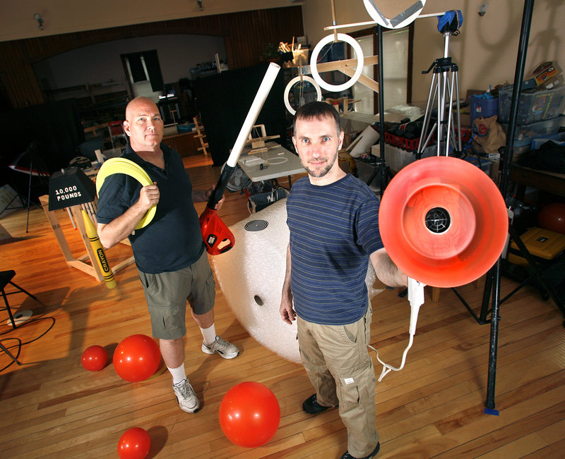 Stephen Voltz, left, and Fritz Grobe of EepyBird keep a lot of balls in the air in their EepyLab in Buckfield last week. The creative duo is looking for someone with business acumen to handle daily affairs.