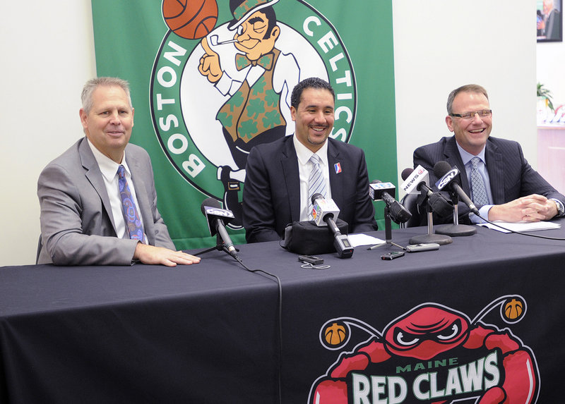From left, Danny Ainge, the Celtics president of basketball operations, Dan Reed, NBA Development League president, and Bill Ryan Jr., co-owner of the Maine Red Claws, announce a three-year single-affiliation agreement between the two teams Thursday at the Red Claws front office in Portland.