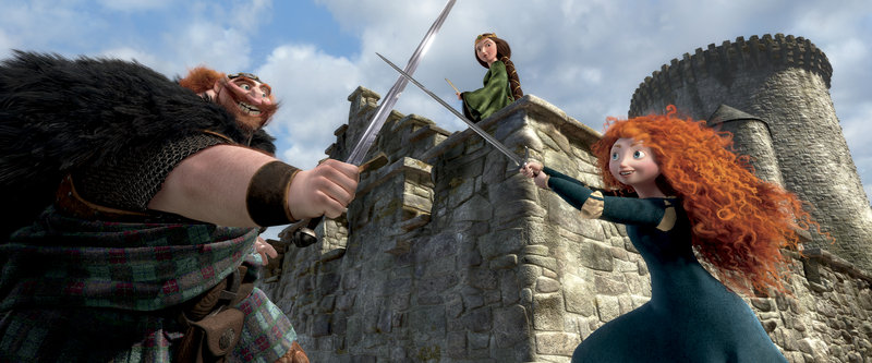 This film image shows characters, from left, King Fergus, voiced by Billy Connolly; Queen Elinor, voiced by Emma Thompson; and Merida, voiced by Kelly Macdonald, in a scene from “Brave.”