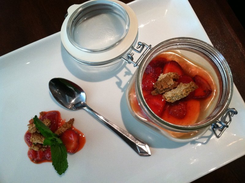 Tim Pierre Labonte quickly grills the strawberries for this dessert of panna cotta and rosemary oat clusters.