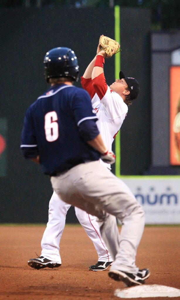 Matt Spring, a backup catcher pressed into playing first base Tuesday night for the Sea Dogs because of Reynaldo Rodriguez’s injury, hauls in a pop fly by Brad McElroy of New Hampshire.