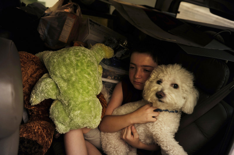 Tayor Salamon, 11, holds his dog in the back seat of the family car as his family flees its Colorado Springs home Tuesday.