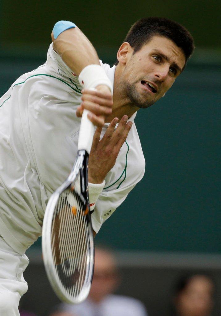 Novak Djokovic of Serbia serves to Radek Stepanek of the Czech Republic in a third-round match at Wimbledon on Friday.