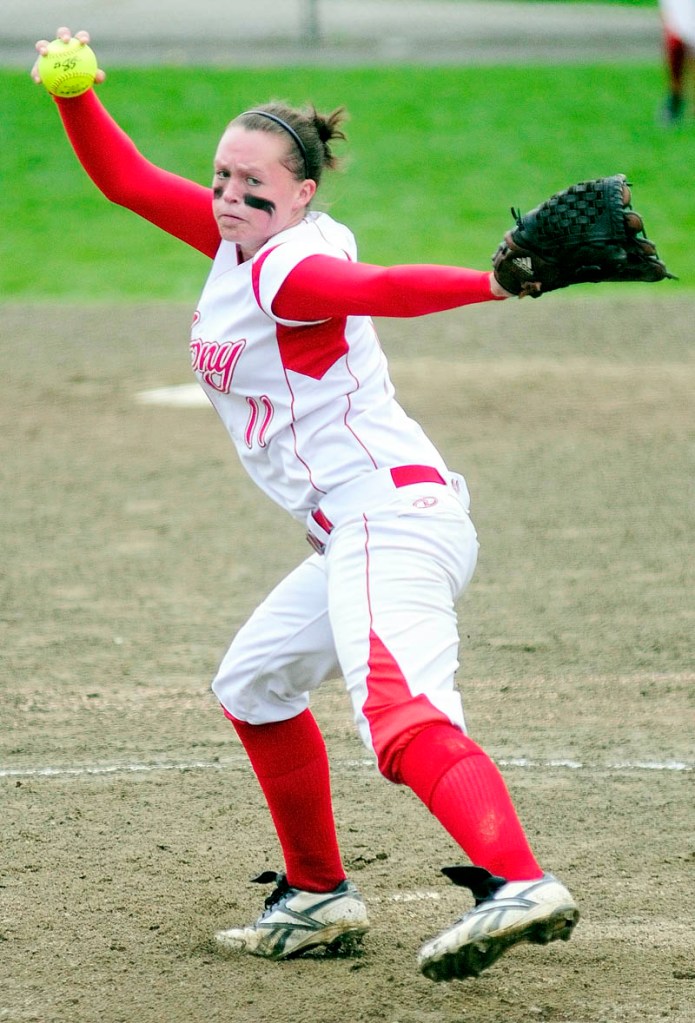 This May 2012 file photo shows Sonja Morse pitching in a game against Oxford Hills. Morse led Cony on Saturday to its first Class A state championship since 1983.