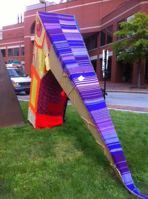 A sculpture outside One City Center in Portland was yarn bombed overnight.