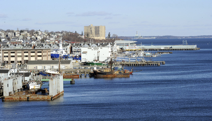 View of the Portland waterfront from the Casco Bay bridge.