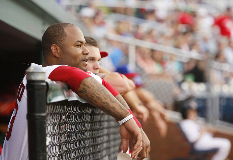 Carl Crawford watches the action during a rehab start with the Portland Sea Dogs on July 3, 2012, against the Trenton Thunder.