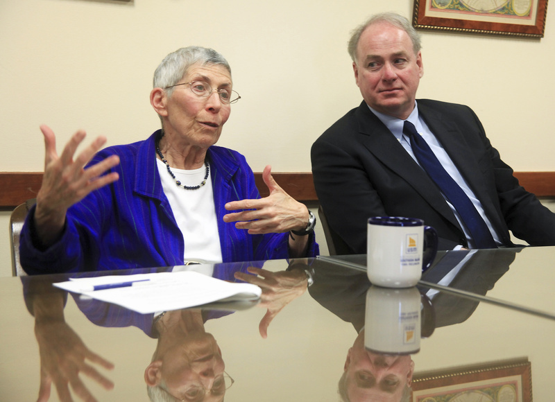 New USM President Theodora Kalikow and University of Maine System Chancellor James Page share an interview in Portland on Tuesday, Kalikow’s first day on the job.
