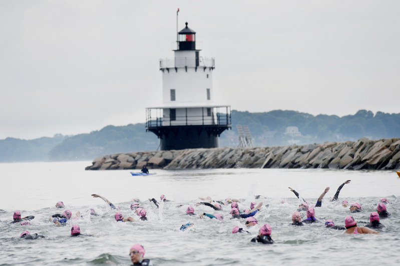 A swim near Spring Point Ledge Lighthouse in South Portland is the first portion of Tri for a Cure.