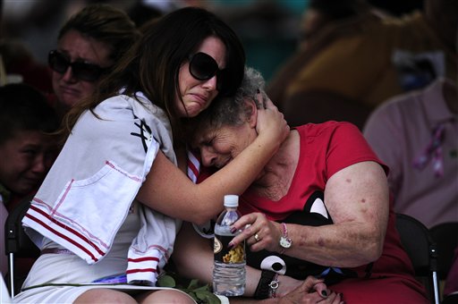 Family members of the victims of the Century 16 theater shooting remember their loved ones during a vigil Sunday at the Aurora Municipal Center in Aurora, Colo. Twelve people were killed early Friday in the rampage during a premiere of "The Dark Knight Rises."