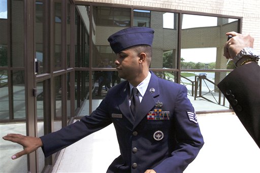 U.S. Air Force Staff Sgt. Luis A. Walker arrives from a lunch break during his court martial at Lackland Air Force Base on Monday in San Antonio, Texas.