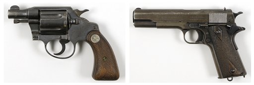 This pair of undated photos provided by RR Auction of Amherst, N.H., show firearms once owned by outlaws and lovers Clyde Barrow and Bonnie Parker. Parker's Colt .38 snub-nose detective special, left, was found taped to her inside thigh with white medical tape after she was shot dead. Barrow's Colt .45, right, was recovered from Barrow's waistband.