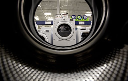 Washing machines on display on a showroom floor at a Lowe's store in Atlanta. Companies cut back on orders for long-lasting U.S. factory goods in January.