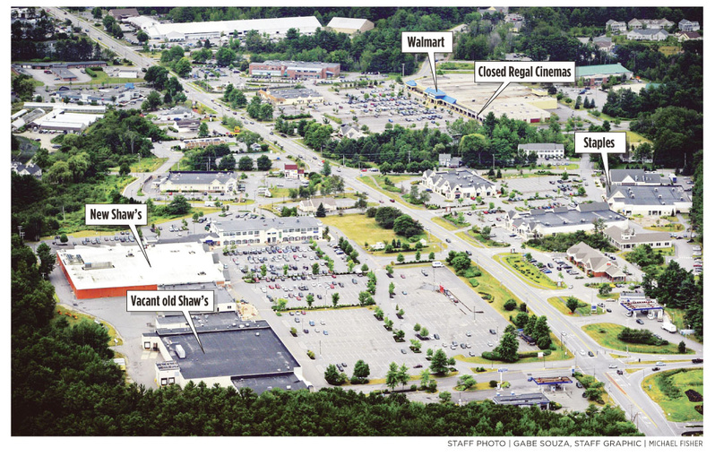 This aerial view looking south shows the stretch of Route 1 in Falmouth that is home to large commercial buildings.