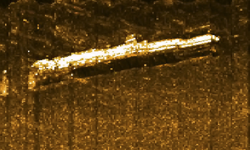 This sonar image shows a World War II-era German submarine U-550, found by a team of explorers on the floor of the Atlantic Ocean 70 miles south of Nantucket Island, Mass.