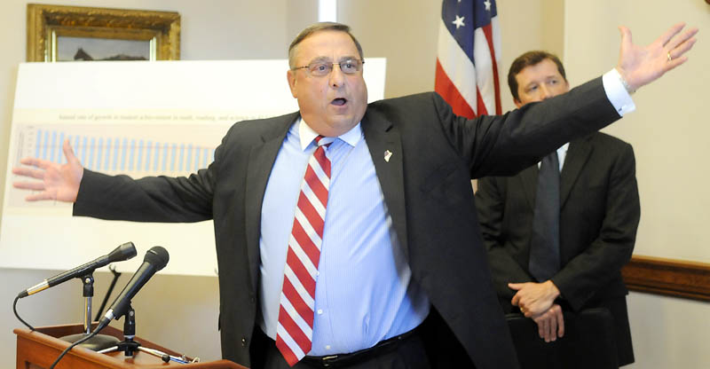 HIGHER ED: Governor Paul LePage and Commissioner of Education Stephen Bowen reacted to a report by Harvard University's Program on Education Policy and Governance during a press conference Wednesday at the State House in Augusta.
