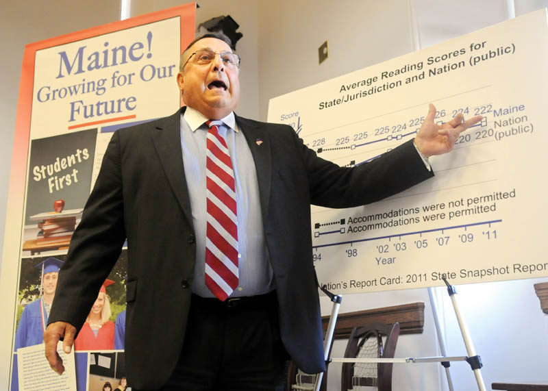 Gov. Paul LePage talks during a press conference about a proposed education rule on Wednesday in Augusta.