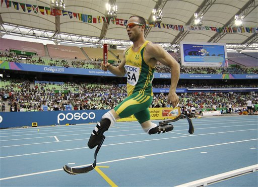 South Africa's Oscar Pistorius competes in a qualification round for the Men's 4x400m relay at the World Athletics Championships in Daegu, South Korea. In this Sept. 1, 2011, photo,