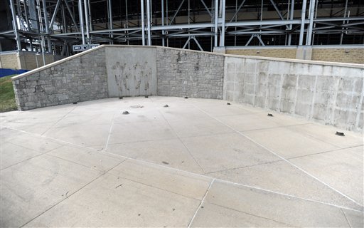 The area where Joe Paterno's statue once stood outside Beaver Stadium in State College, Pa. The famed statue of the late former Penn State college football coach was taken down Sunday, eliminating a key piece of the iconography surrounding the once-sainted football coach accused of burying child sex abuse allegations against retired assistant Jerry Sandusky.