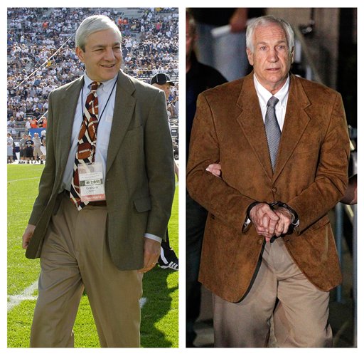 Former Penn State President Graham Spanier, left, knew of allegations against assistant coach Jerry Sandusky, right.