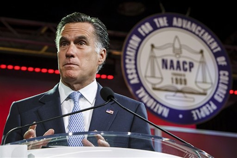 Republican presidential candidate, former Massachusetts Gov. Mitt Romney pauses during a speech to the NAACP annual convention, Wednesday, July 11, 2012, in Houston, Texas. (AP Photo/Houston Chronicle, Michael Paulsen)