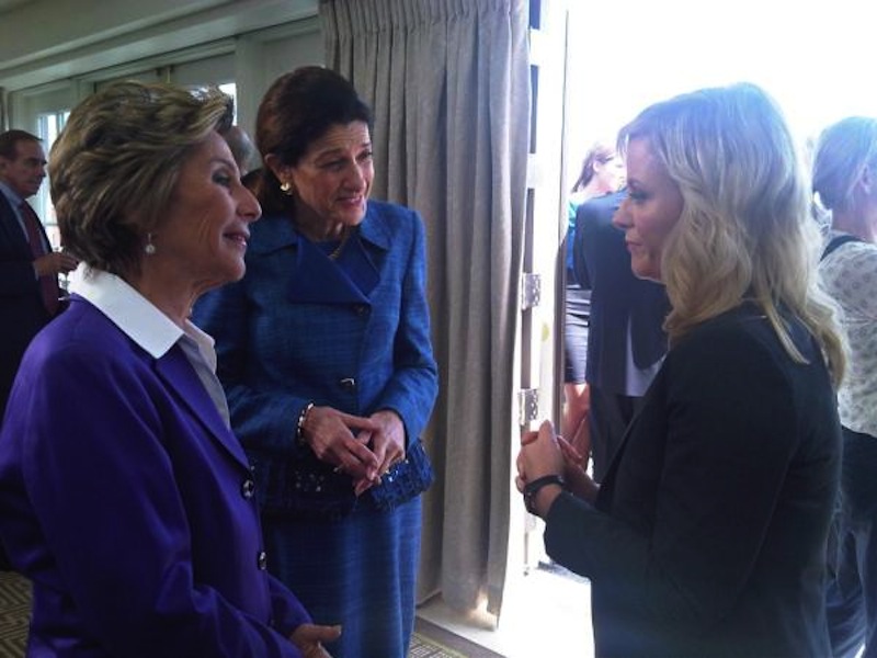 U.S. Sen. Olympia Snowe, R-Maine, chats with comedian/actress Amy Poehler and U.S. Sen. Barbara Boxer, D-California, after filming a segment for Poehler's NBC television show "Parks and Recreation."