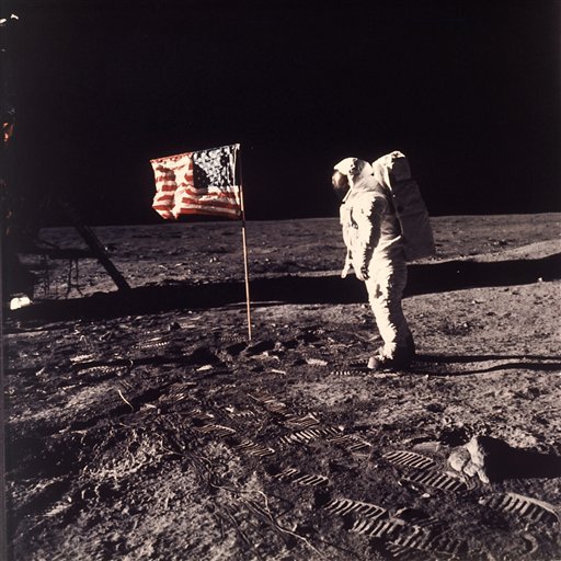 This July 20, 1969 file photo released by NASA shows astronaut Edwin E. "Buzz" Aldrin Jr. posing for a photograph beside the U.S. flag deployed on the moon during the Apollo 11 mission. Aldrin and fellow astronaut Neil Armstrong were the first men to walk on the lunar surface. Sony Electronics and the Nielsen television research company collaborated on a survey ranking TV's most memorable moments. Other TV events include, the Sept. 11 attacks in 2001, Hurricane Katrina in 2005, the O.J. Simpson murder trial verdict in 1995 and the death of Osama bin Laden in 2011. (AP Photo/NASA/Neil A. Armstrong, file)