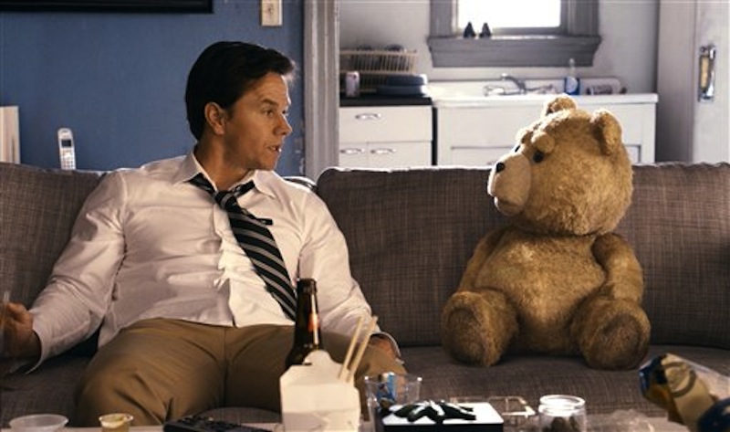 This film image released by Universal Pictures shows Mark Wahlberg, left with the character Ted, voiced by Seth MacFarlane in a scene from "Ted." (AP Photo/Universal Pictures)