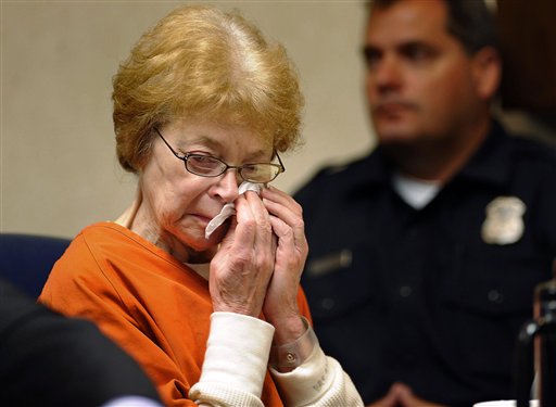 Defendant Sandra Layne breaks down crying during the playing of the 911 call made by her grandson Jonathan Hoffman as the tape is introduced as evidence during a hearing Monday in Bloomfield Hills, Mich. Layne is accused of repeatedly shooting Hoffman on May 18 at the condo that she and her husband shared with the 17-year-old boy. Her attorneys say she acted in self-defense.