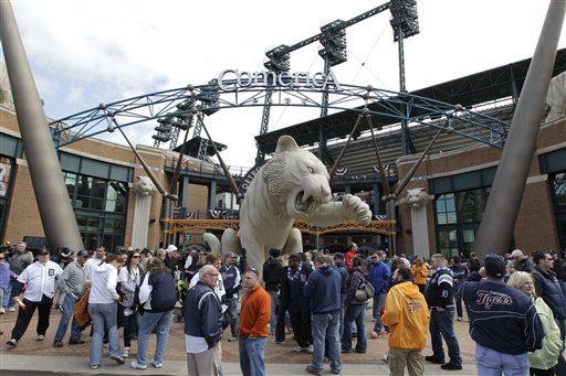 This April 5, 2012 file photo shows fans outside Comerica Park before a baseball game between the Detroit Tigers and Boston Red Sox, in Detroit. Comerica Park is the latest Detroit landmark to be the subject of a bomb threat. Police say an anonymous caller issued the threat in a 911 call around 8 p.m. Tuesday, July 17, 2012, as the Tigers were hosting the Los Angeles Angels in front of 34,000 fans. (AP Photo/Carlos Osorio, File)