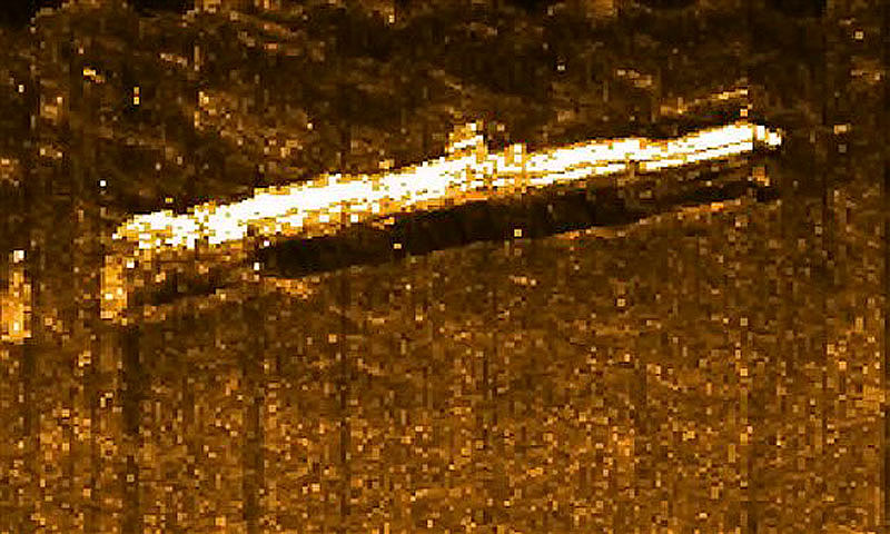 This sonar image provided by GK Consulting & AWS Expeditions/Joe Mazraani, shows a World War II-era German submarine U-550, found by a team of explorers Monday, July 23, 2012, on the floor of the Atlantic Ocean 70 miles south of Nantucket Island, Mass. On April 16, 1944, the U-550 torpedoed an Allied gasoline tanker, but was fatally damaged by depth charges from an escort destroyer, the USS Joyce. Forty-four Germans were killed and 25 aboard the tanker died. (AP Photo/GK Consulting & AWS Expeditions/Joe Mazraani)