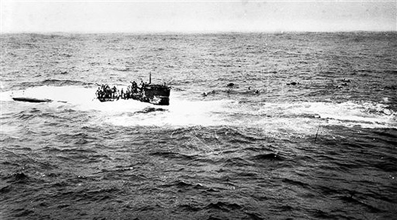 This April 16, 1944 photo provided by the U.S. Navy, posted on a U.S. Coast Guard web site, shows crewmen of German submarine U-550 abandoning ship in the Atlantic Ocean after being depth charged by the USS Joyce, a destroyer in an Allied convoy that the submarine attacked.†A team of explorers found the U-550, a World War II-era German submarine, Monday, July 23, 2012, on the floor of the Atlantic about 70 miles south of Nantucket Island, Mass. (AP Photo/U.S. Navy)