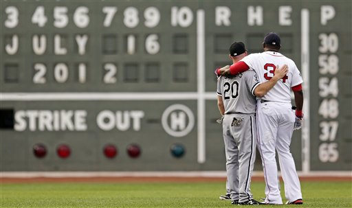 Chicago White Sox third baseman Kevin Youkilis, left, embraces his former teammate, Boston Red Sox designated hitter David Ortiz, during batting practice before Monday's game at Fenway.