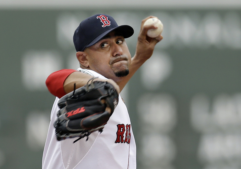 Boston Red Sox starting pitcher Franklin Morales delivers to the New York Yankees Saturday afternoon at Fenway Park in Boston. The Red Sox lost, 6-1. Franklin Morales