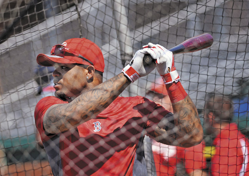 Boston Red Sox outfielder Carl Crawford takes batting practice at Hadlock Field in Portland as he practices with the Portland Sea Dogs Monday, July 2, 2012. Crawford's rehab has been temporarily put on hold after suffering a groin strain in Portland.